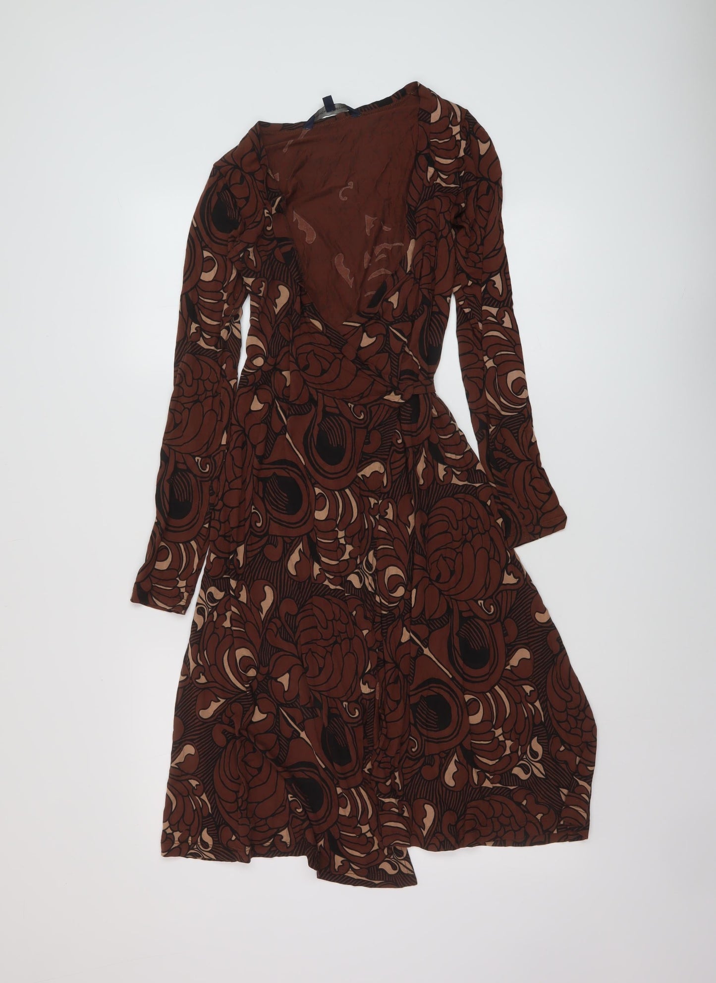 French Connection Womens Brown Geometric Viscose Wrap Dress Size 8 V-Neck Tie