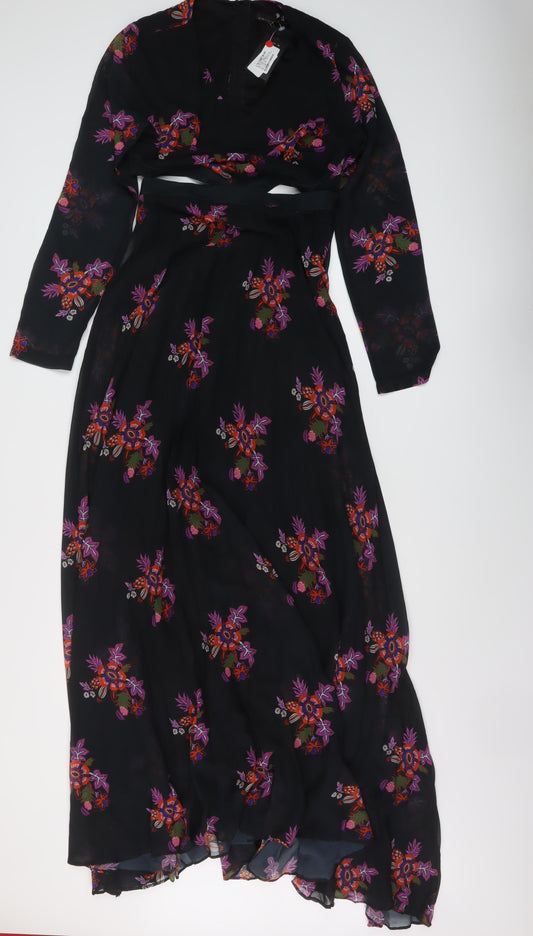 Zibi London Womens Black Floral Polyester Maxi Size 8 V-Neck Zip