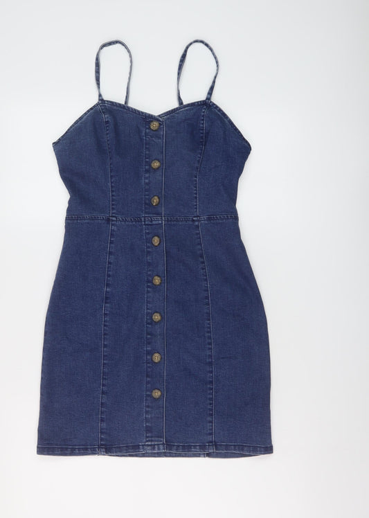 Denim & Co. Womens Blue Cotton Mini Size 8 Sweetheart Button