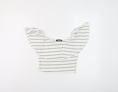 Additional front view of Missguided women’s white striped polyester cropped blouse, size UK 10, round neck