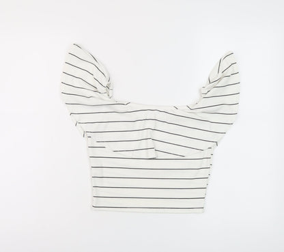 Back view of Missguided women’s white striped polyester cropped blouse, size UK 10, round neck
