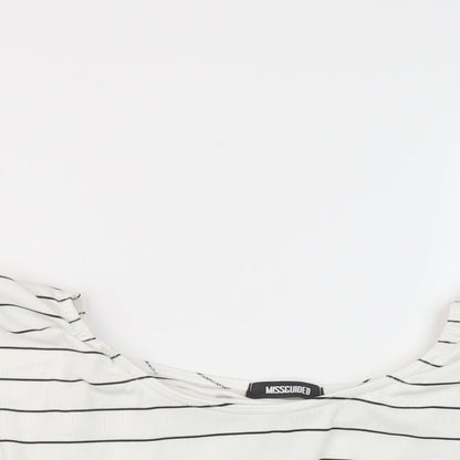 Close-up detail of Missguided women’s white striped polyester cropped blouse, size UK 10, round neck