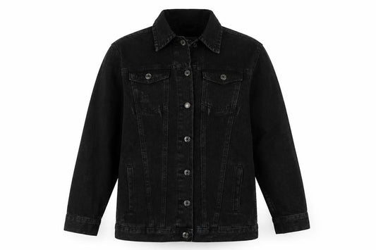 Front view of Denim & Co. women’s black jacket, size UK 8, button