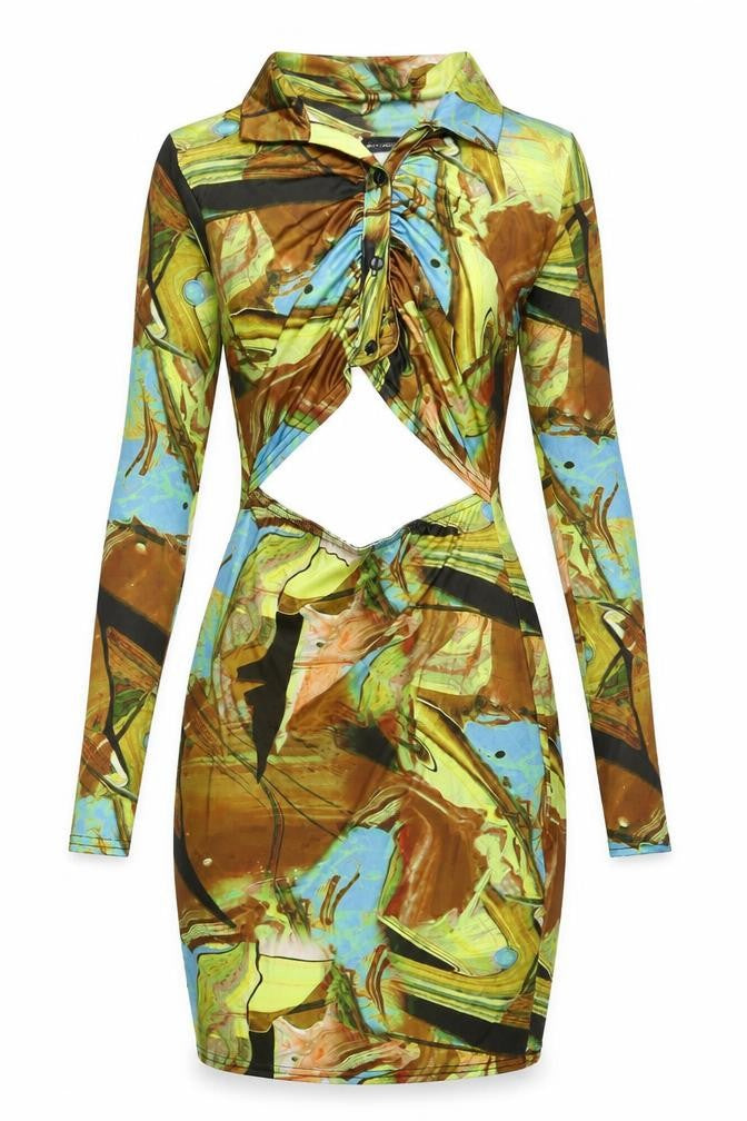 PRETTYLITTLETHING Womens Multicoloured Geometric Polyester Bodycon Size 10 Collared Button - Cut Out Detail Marble Print