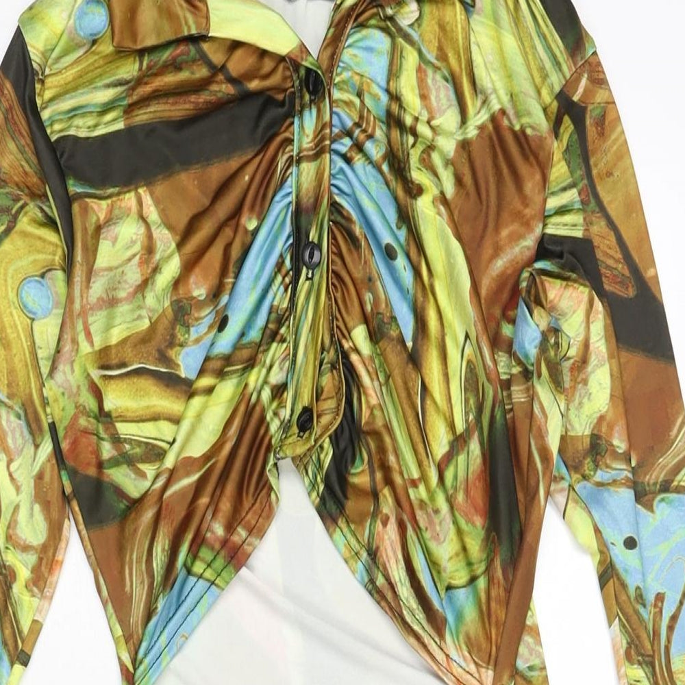 PRETTYLITTLETHING Womens Multicoloured Geometric Polyester Bodycon Size 10 Collared Button - Cut Out Detail Marble Print