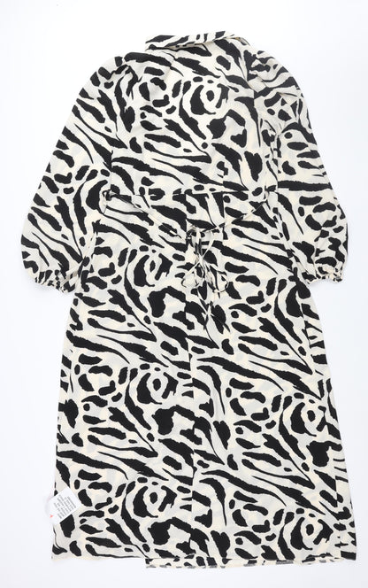 Back view of ASOS women’s ivory geometric polyester wrap dress, size UK 12, collared tie