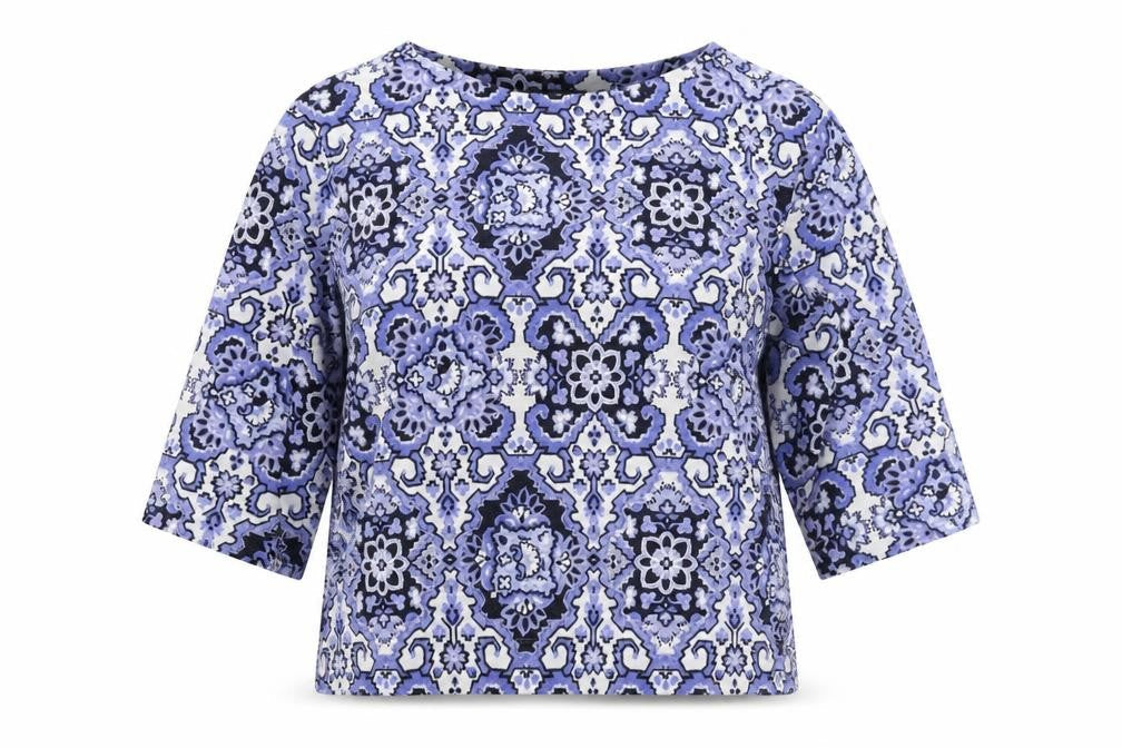 Marks & Spencer Womens Blue Geometric Polyester Basic Blouse Size 16 Boat Neck