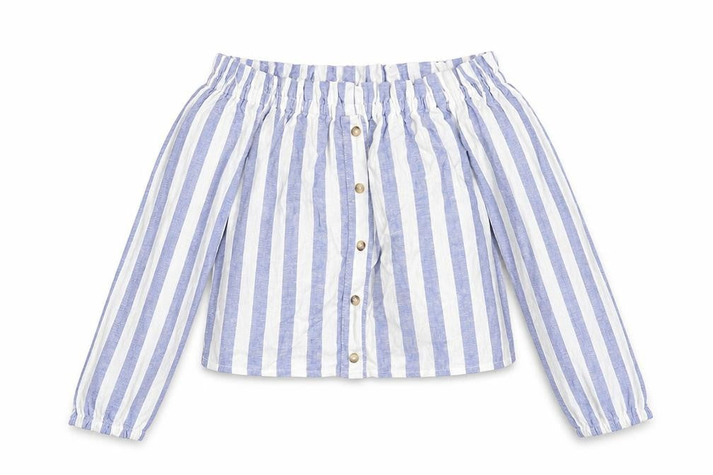 Miss Selfridge Womens Blue Striped Linen Basic Blouse Size 4 Off the Shoulder - Button Detail