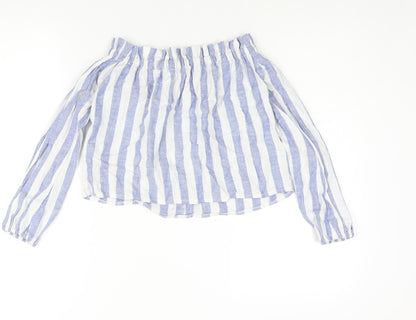 Back view of Miss Selfridge women’s blue striped linen basic blouse, size UK 4, off the shoulder - button detail