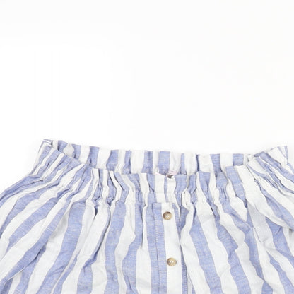 Close-up detail of Miss Selfridge women’s blue striped linen basic blouse, size UK 4, off the shoulder - button detail