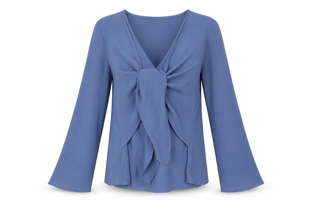 In the Style Womens Blue Polyester Basic Blouse Size 8 V-Neck - Tie Detail