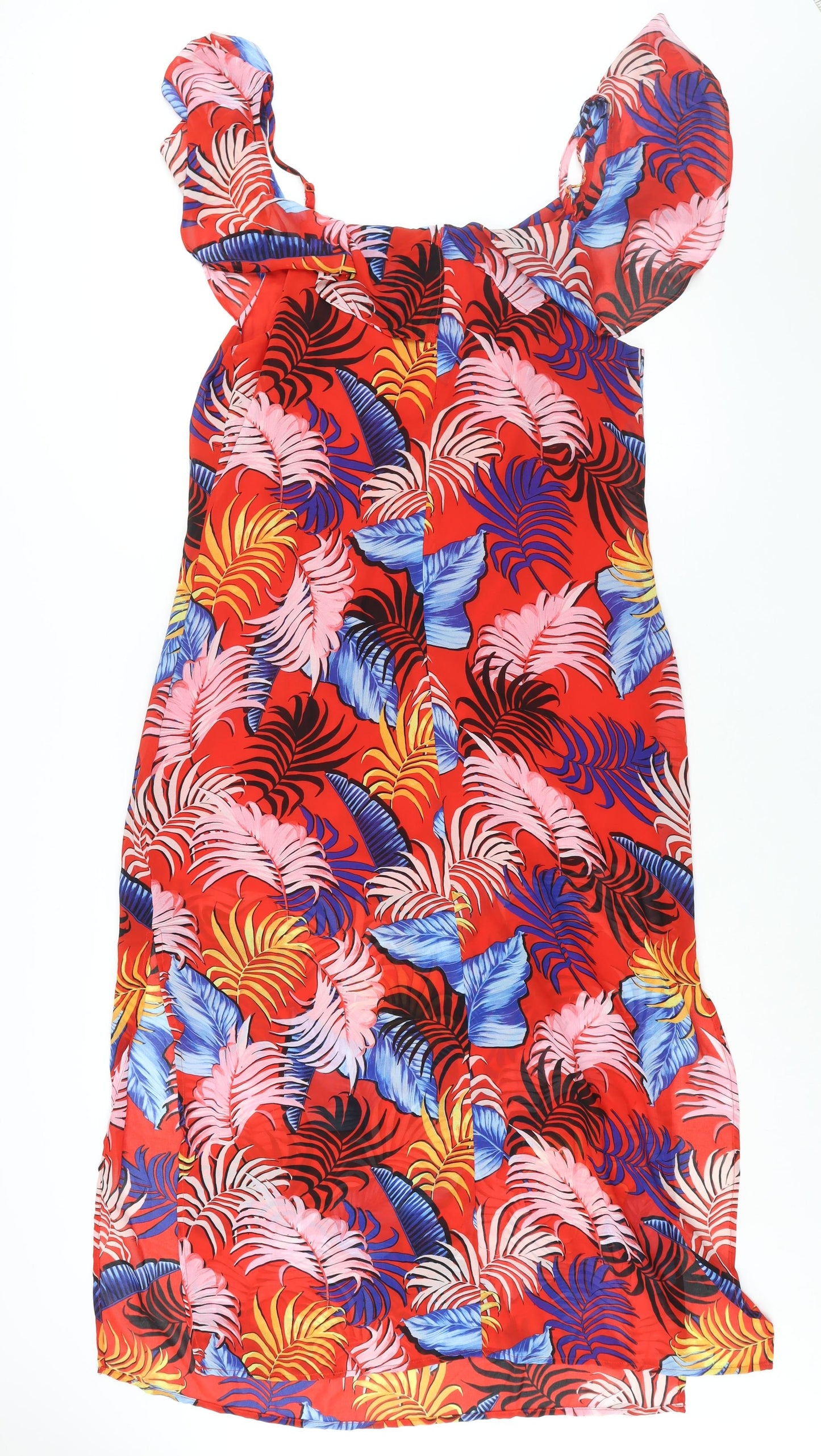 New Look Womens Multicoloured Geometric Polyester Maxi Size 16 Scoop Neck Zip - Side Slits Frill Leaf Print