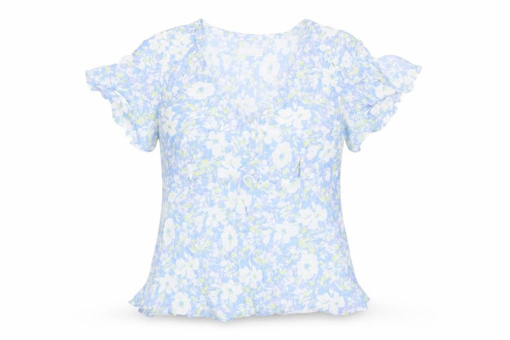 The Collection Womens Blue Floral Viscose Basic Blouse Size 14 V-Neck - Button Detail