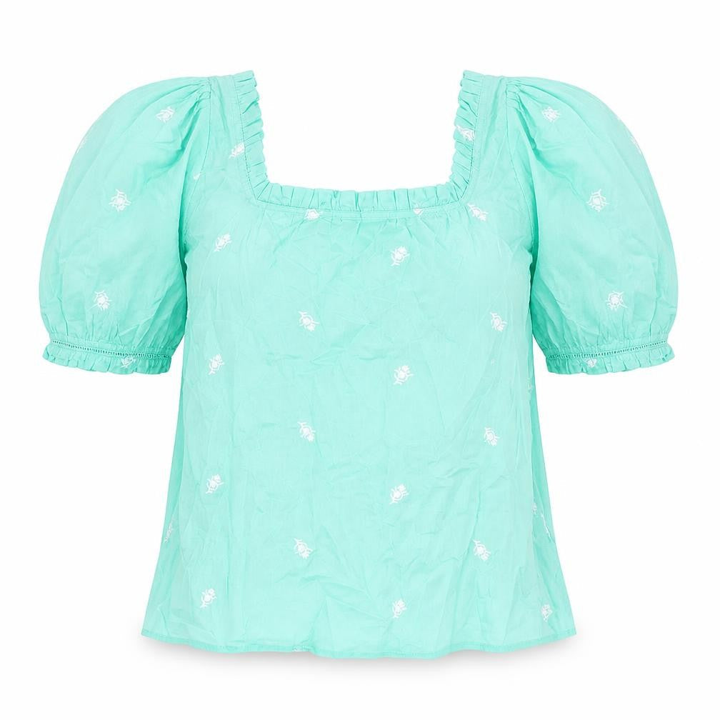 Per Una Womens Green Cotton Basic Blouse Size 6 Square Neck - Embroidered Detail Frill