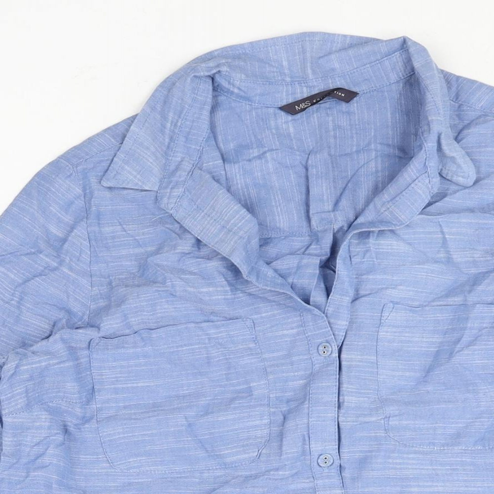 Marks and Womens Blue Cotton Shirt Dress Size 12 Collared Button - Drawstring Detail