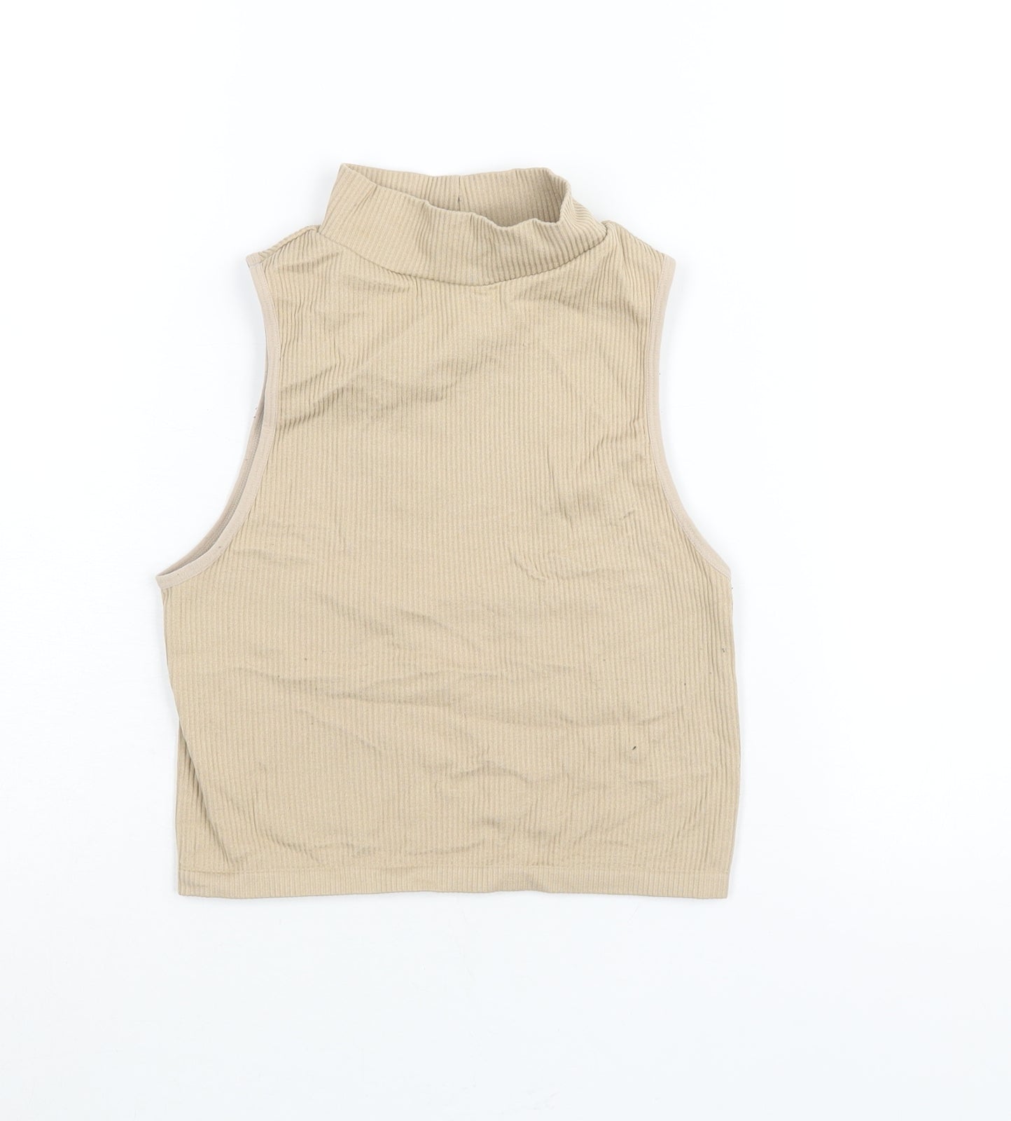 Zara Womens Beige Polyamide Cropped Tank Size M Mock Neck - Ribbed Size M-L
