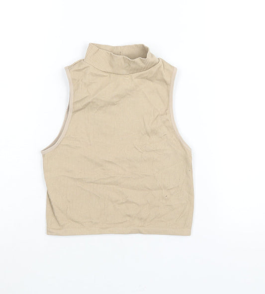 Zara Womens Beige Polyamide Cropped Tank Size M Mock Neck - Ribbed Size M-L