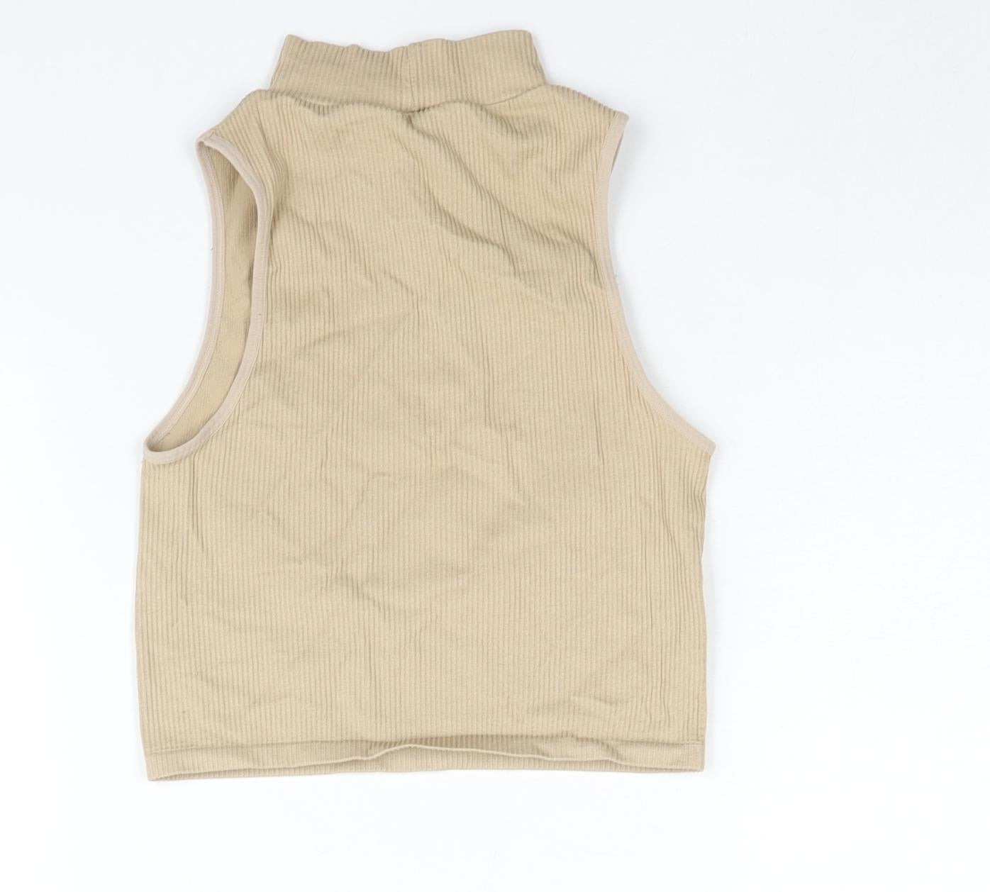 Zara Womens Beige Polyamide Cropped Tank Size M Mock Neck - Ribbed Size M-L