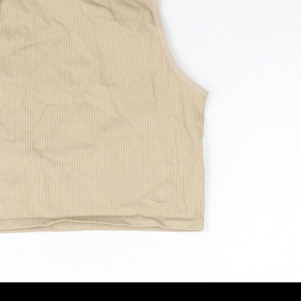 Zara Womens Beige Polyamide Cropped Tank Size M Mock Neck - Ribbed Size M-L