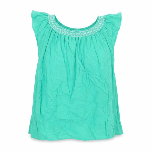 Marks and Spencer Womens Green Cotton Basic Blouse Size 6 Round Neck - Rouched Embroidered Neckline