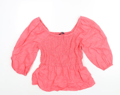 Marks & Spencer Womens Pink Linen Basic Blouse Size 6 Scoop Neck - Rouched Peplum