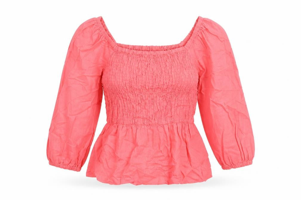 Marks & Spencer Womens Pink Linen Basic Blouse Size 6 Scoop Neck - Rouched Peplum