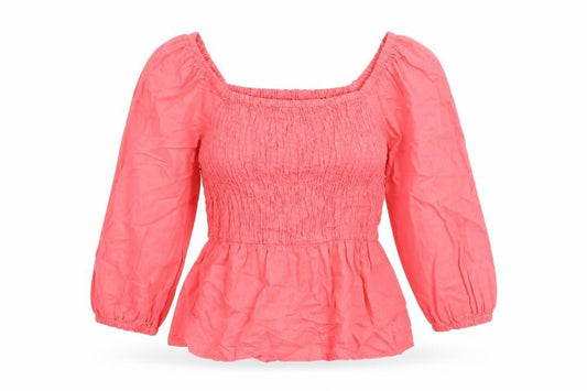 Marks and Spencer Womens Pink Linen Basic Blouse Size 6 Scoop Neck - Rouched Peplum
