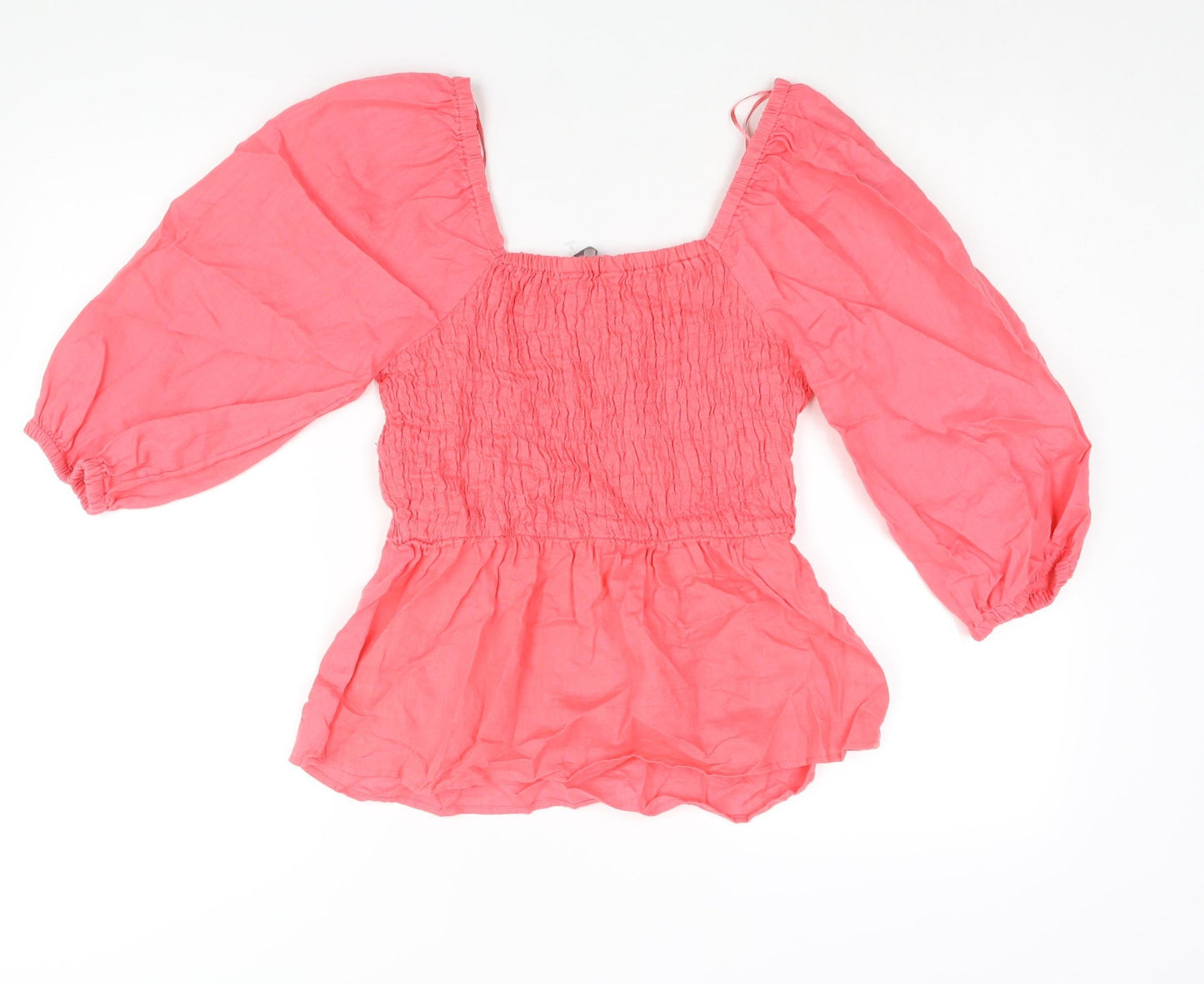 Marks and Spencer Womens Pink Linen Basic Blouse Size 6 Scoop Neck - Rouched Peplum