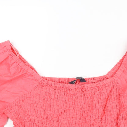Marks & Spencer Womens Pink Linen Basic Blouse Size 6 Scoop Neck - Rouched Peplum