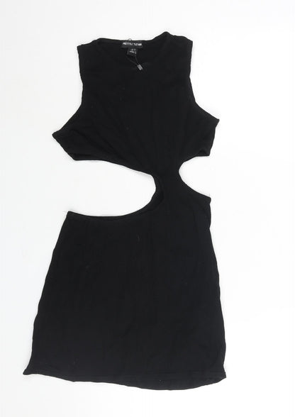 PRETTYLITTLETHING Womens Black Polyester Mini Size 10 Round Neck Pullover - Cut Out Waffle