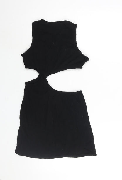 PRETTYLITTLETHING Womens Black Polyester Mini Size 10 Round Neck Pullover - Cut Out Waffle