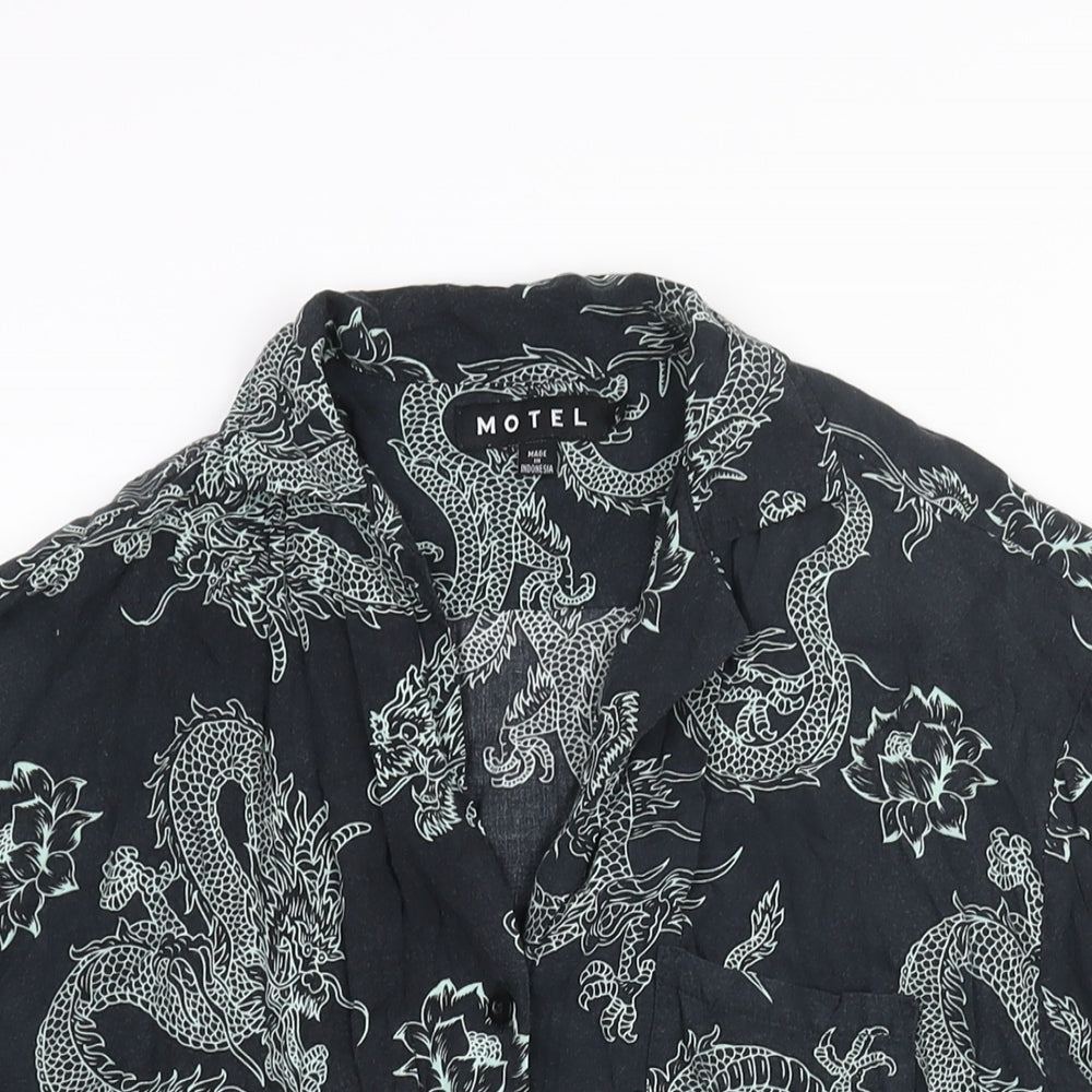 Motel Womens Grey Geometric Viscose Basic Button-Up Size S Collared - Dragon Print