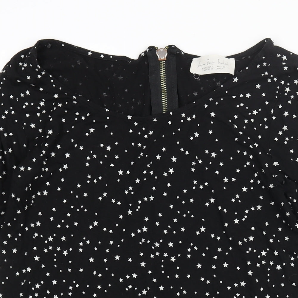 Zara Womens Black Geometric Polyester Basic Blouse Size L Boat Neck - Star Print