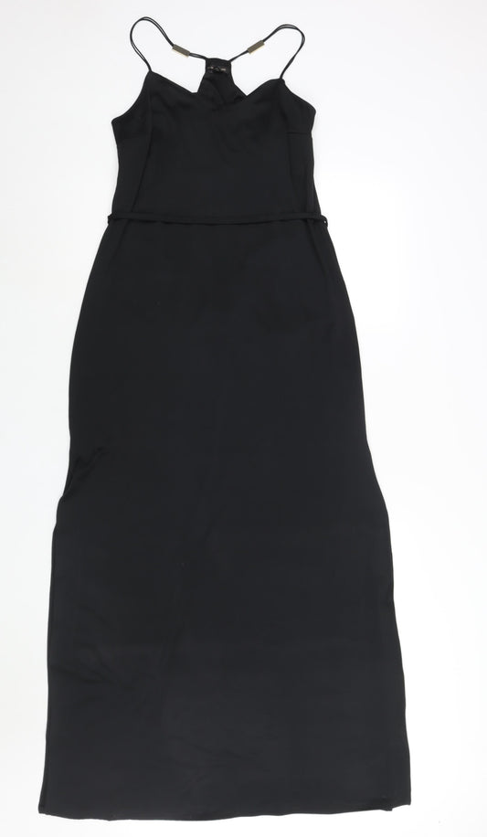River Island Womens Black Polyester Maxi Size 10 V-Neck Pullover - Side Slits Belted