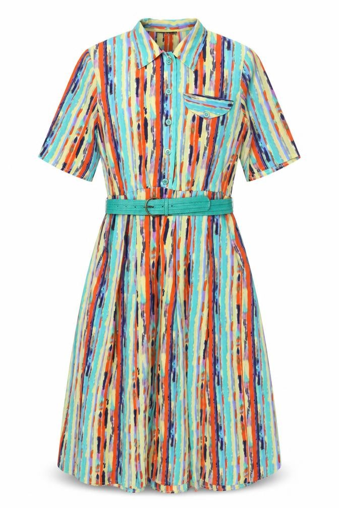 Shubette Womens Multicoloured Geometric Polyester Shift Size 14 Collared Button - Belted