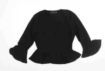 Additional front view of Missguided women’s black polyester basic blouse, size UK 12, v-neck - peplum bell sleeve