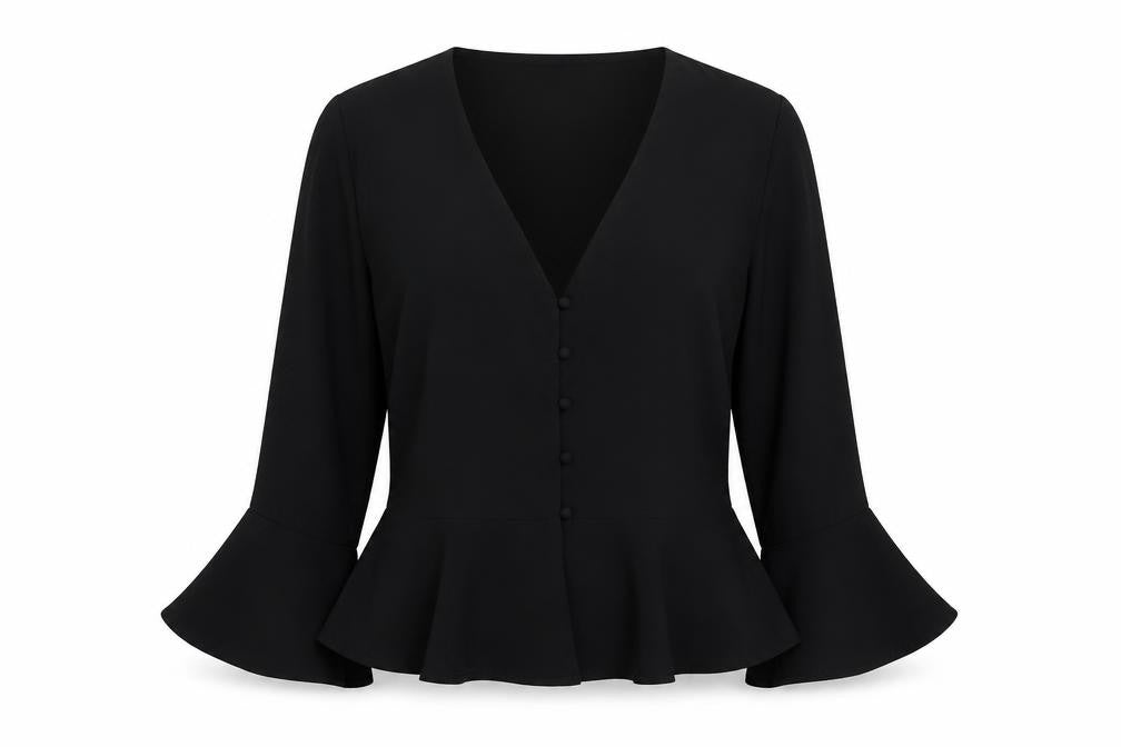 Missguided Womens Black Polyester Basic Blouse Size 12 V-Neck - Peplum Bell Sleeve