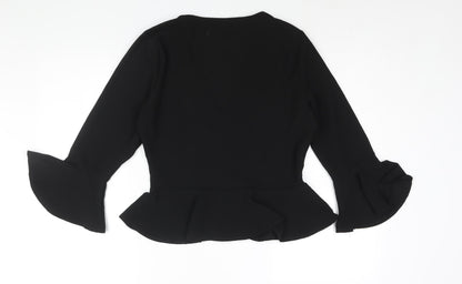 Back view of Missguided women’s black polyester basic blouse, size UK 12, v-neck - peplum bell sleeve