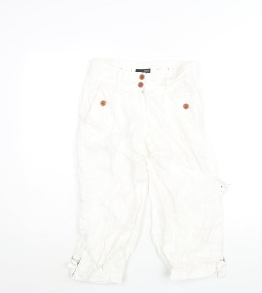 NEXT Womens White Cotton Cargo Trousers Size 6 L20 in Regular Zip - Buckle Detail