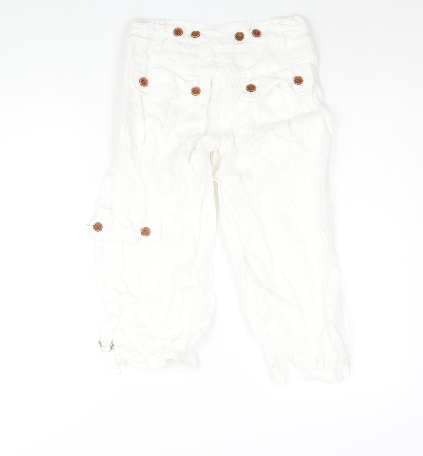 NEXT Womens White Cotton Cargo Trousers Size 6 L20 in Regular Zip - Buckle Detail