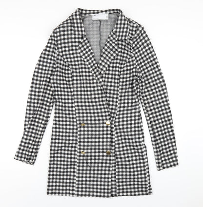 Additional front view of ASOS women’s black check polyester jacket dress, size UK 12, collared button