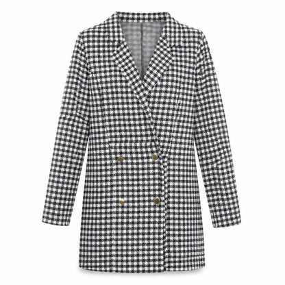 Front view of ASOS women’s black check polyester jacket dress, size UK 12, collared button