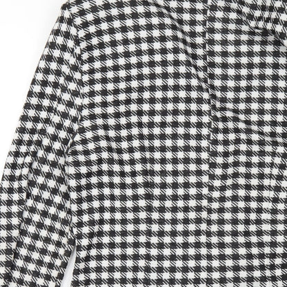 Brand and care label for ASOS women’s black check polyester jacket dress, size UK 12, collared button