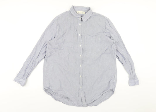 H&M Womens Blue Striped Cotton Basic Button-Up Size 10 Collared