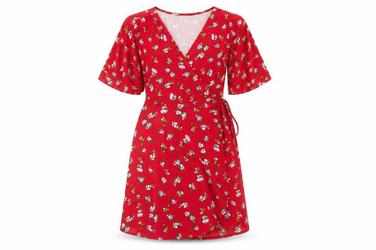 Lipsy Womens Red Floral Viscose Wrap Dress Size 12 V-Neck Tie