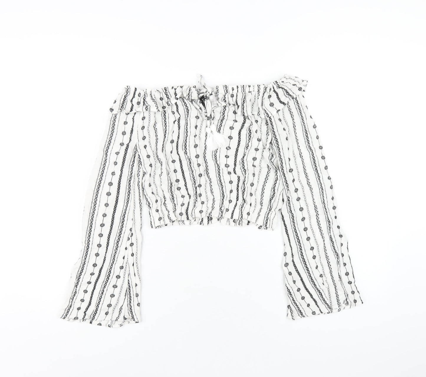 H&M Womens White Geometric Viscose Basic T-Shirt Size 4 Off the Shoulder