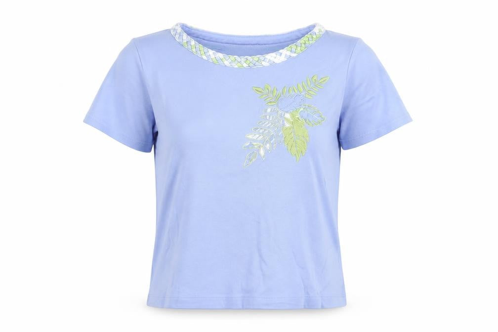 Emreco Womens Blue Geometric Cotton Basic T-Shirt Size 12 Round Neck