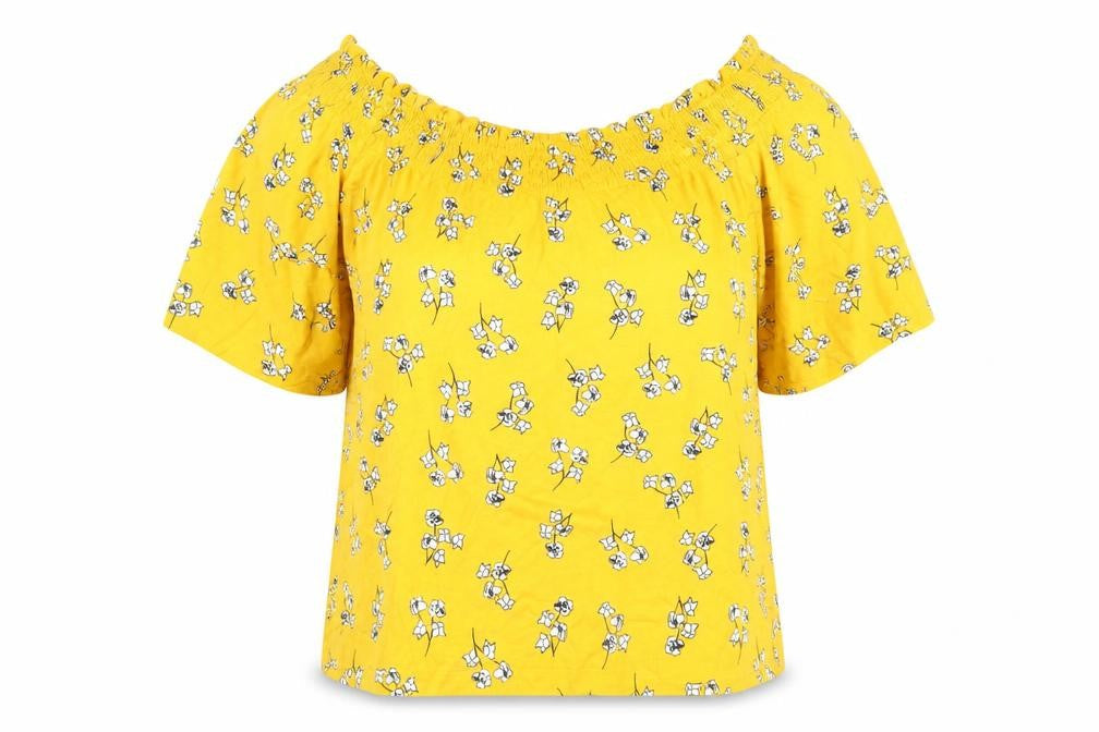 Marks & Spencer Womens Yellow Floral Viscose Basic T-Shirt Size 14 Off the Shoulder