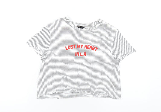 M&Co Girls White Striped Cotton Cropped T-Shirt Size 13 Years Round Neck Pullover
