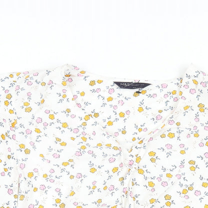 Marks & Spencer Womens White Floral Viscose Basic Blouse Size 8 V-Neck